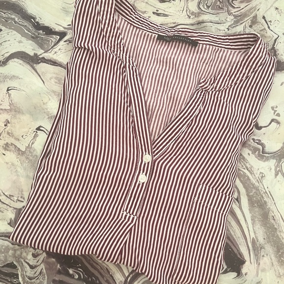MARKS & SPENCER Womens Top Blouse Striped Red White Burgundy Cuffed Pocket - Picture 4 of 8
